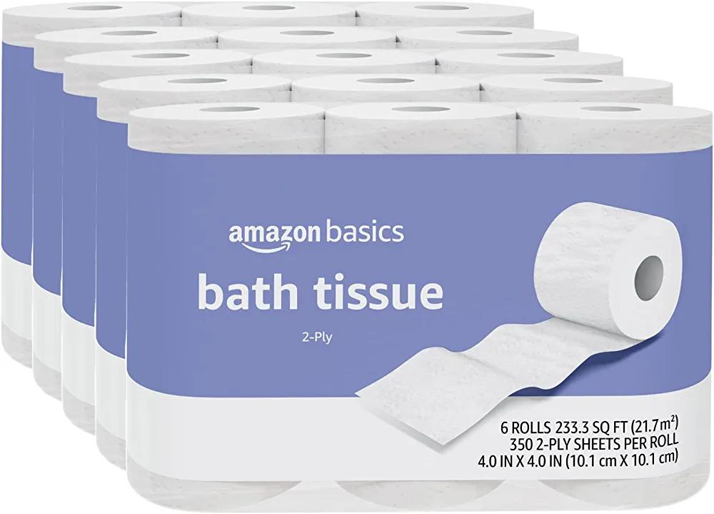 Amazon Basics 2-Ply Toilet Paper, Unscented, 30 Rolls (5 Packs of 6), White (Previously Solimo) - Amazon Basics - Chipi Online