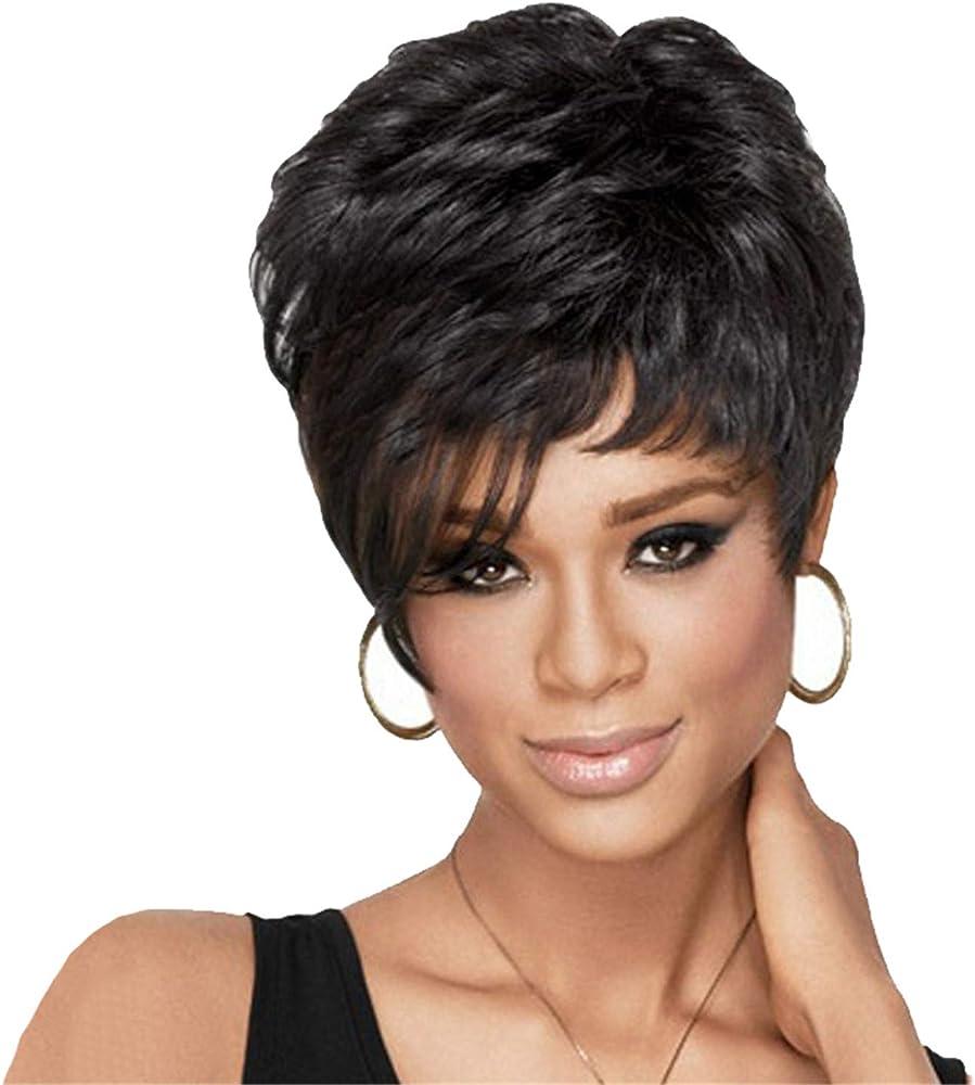 Andongnywell Short Layered Wavy Short Human Hair Wigs for Black Women Short Curly Human Hair Wigs with Bangs Hairpiece - Generic  - Chipi Online