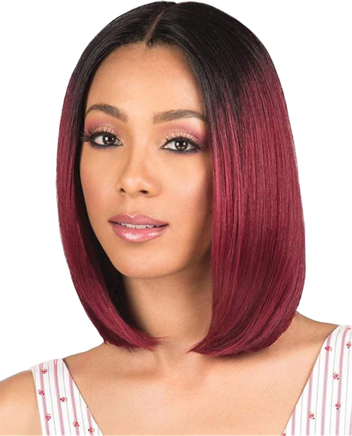 Andongnywell Synthetic Straight Hair Ombre Bob Wig Lace Front Black Root to Wine Red Wigs Middle Part Colored Bob Wig - Andongnywell - Chipi Online