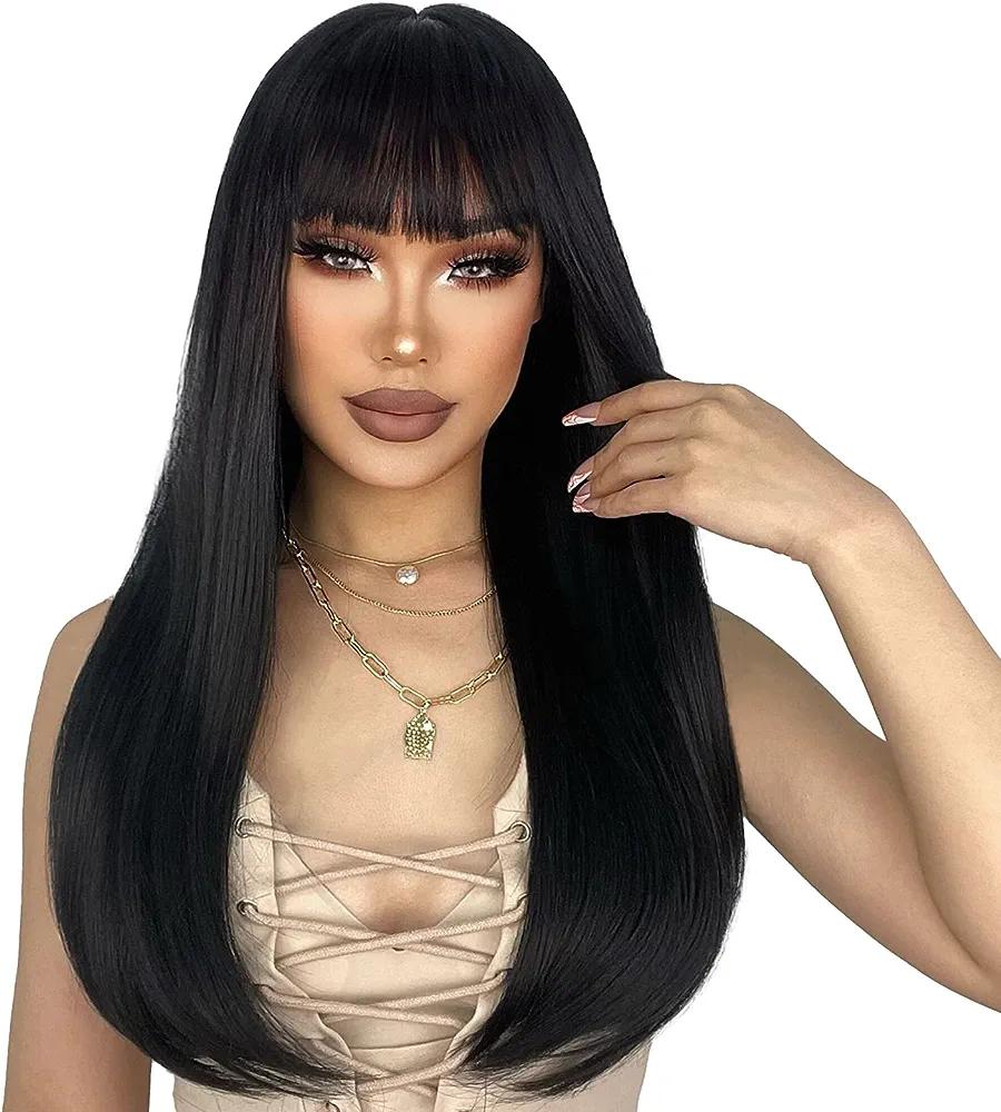 ENTRANCED STYLES Black Wigs for Women Long Straight Wig with Bangs Black Hair Wigs Heat Resistant Synthetic Womens Wig for Daily Party Use 22 Inch - Entranced Style Store  - Chipi Online