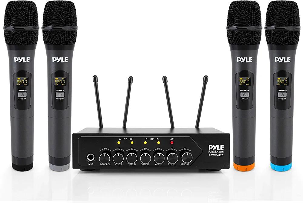 Portable UHF Wireless Microphone System - Battery Operated Four Bluetooth Cordless Microphone Set with 50 Channels Selectable Frequency, Receiver Base, AUX - Pyle Store - Chipi Online
