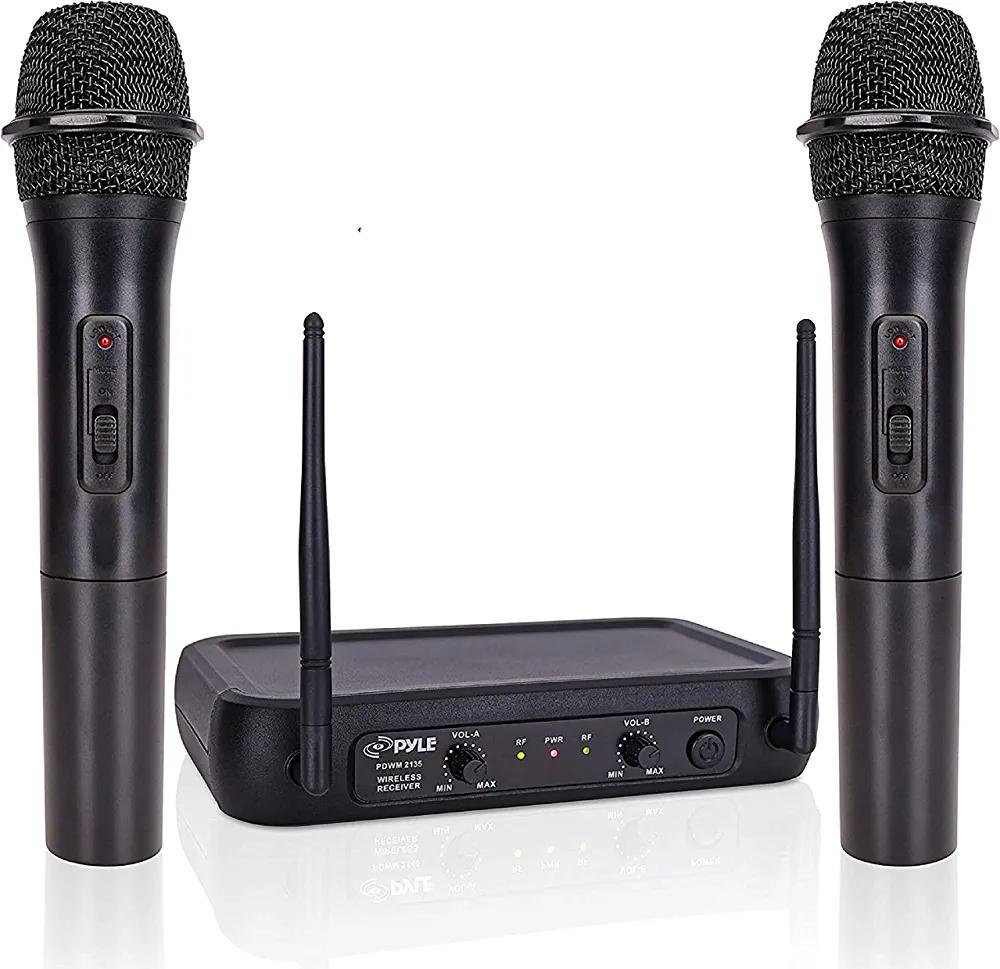 Pyle Channel Microphone System-VHF Fixed Dual Frequency Wireless Set with 2 Handheld Dynamic Transmitter Mics, Receiver Base-for PA, Karaoke, - Pyle - Chipi Online