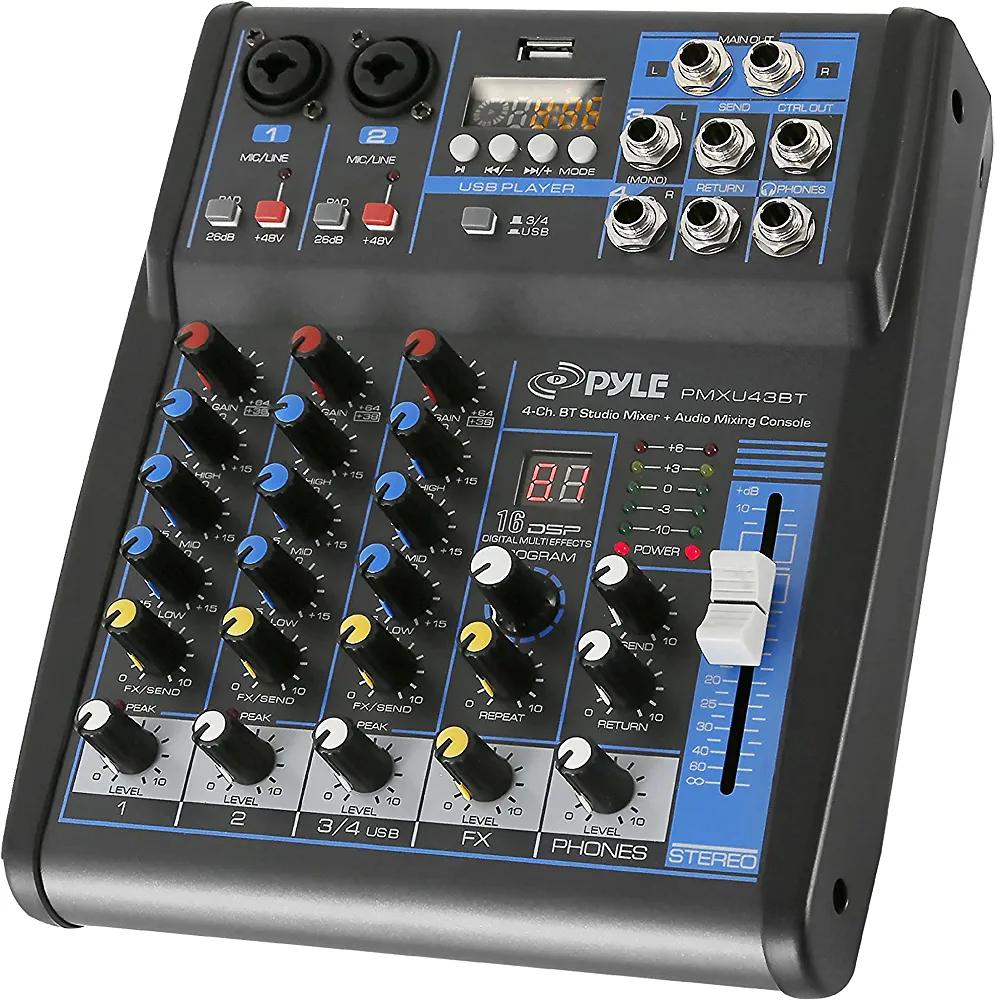 Pyle Professional Audio Mixer Sound Board Console System Interface 4 Channel Digital USB Bluetooth MP3 Computer Input 48V Phantom Power Stereo  - Pyle - Chipi Online