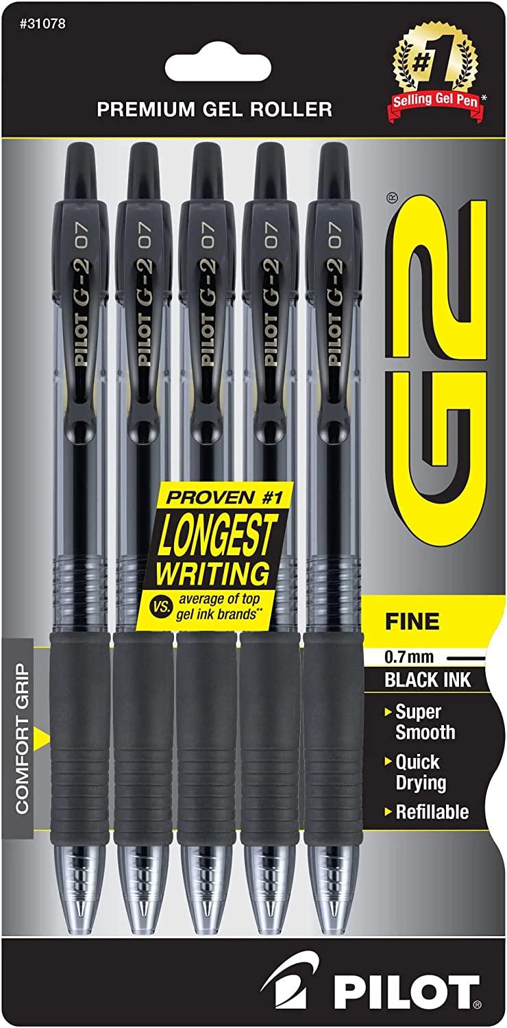 PILOT G2 Premium Refillable and Retractable Rolling Ball Gel Pens, Fine Point, Black Ink, 5-Pack - PILOT - Chipi Online