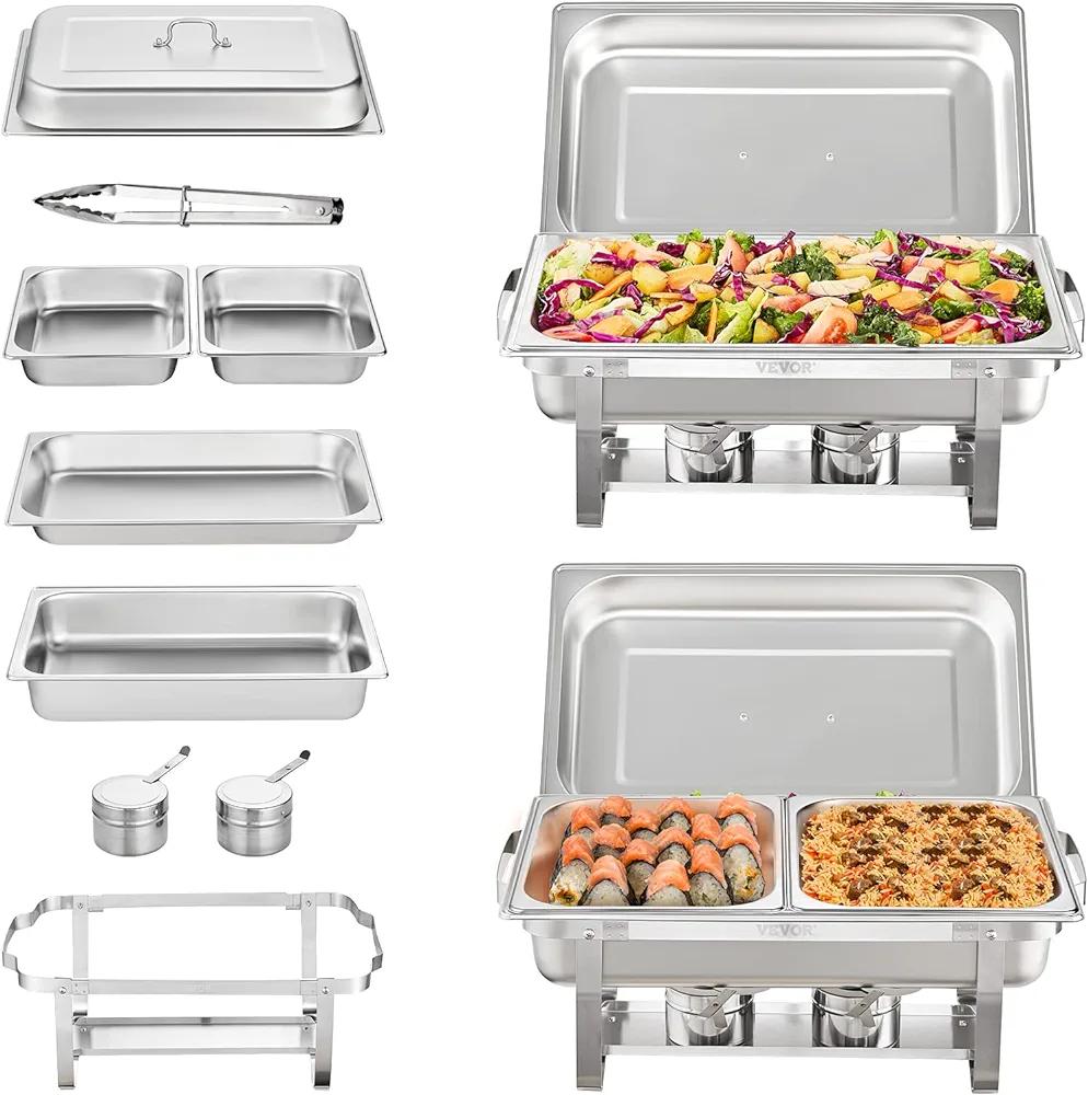 VEVOR Chafing Dish Buffet Set, 2 Pack 8 Qt, Stainless Chafer w/ 2 Full & 4 Half Size Pans, Rectangle Catering Warmer Server w/ Lid Water Pan Folding  - Vevor - Chipi Online